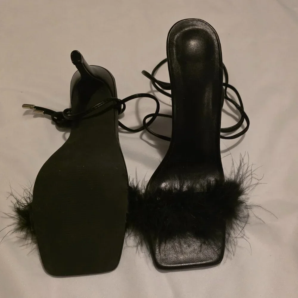 Lace Up Strappy Feather Trim Shoes Stiletto Heels US Size 8 Shoe Sz 38.5 Sexy